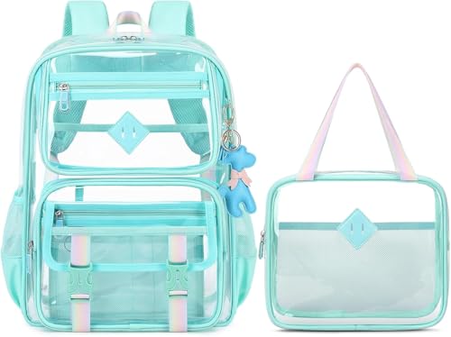 Transparenter Rucksack strapazierfähig, PVC, transparente Tasche, Große Kapazität durchsichtige Büchertasche mit Lunchtasche Teenager mädchen groß Schultasche (Grün,30 * 14 * 41cm) von Generic