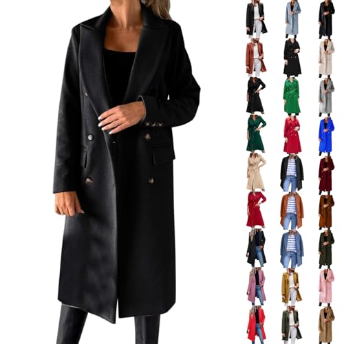 Trenchcoat Damen Lang Gepolstert Übergangsjacke Warm Wintermantel Elegant Schwarz Hanf Jacke Reverskragen Winterjacke Winddichter Cardigan Zweireiher Langer Mantel Windbreaker Oversize Parkas von Generic