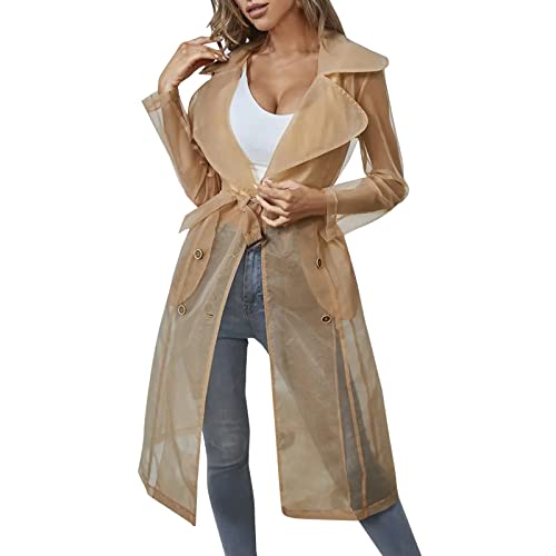 Trenchcoat Damen Lang Jacken Durchsichtiger Trenchcoat aus Tüll Mesh Strickjacke Outdoorjacke Einfarbig Leichte Sommerjacke Zweireihiger Cardigan mit Schlitz am Revers und Schnürung von Generic