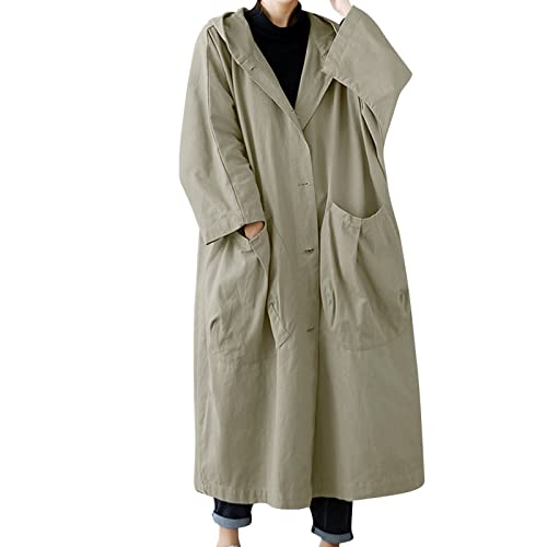 Trenchcoat Damen 𝗟ang Outdoorjacken Damen Wasserdicht Damen langreihiger Trenchcoat in Midi-Länge Nässeschutzjacke Leichte Jacke Damen 𝗦ommer Kurz (Khaki, One Size) von Generic