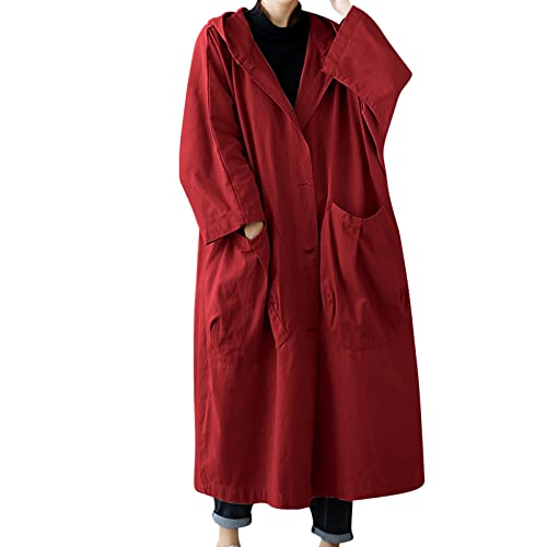 Trenchcoat Damen 𝗟ang Outdoorjacken Damen Wasserdicht Damen langreihiger Trenchcoat in Midi-Länge Nässeschutzjacke Leichte Jacke Damen 𝗦ommer Kurz (Red, One Size) von Generic