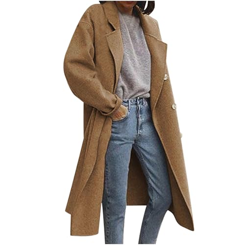 Trenchcoat Damen Lang Wadenlange Wollmantel Trendy Zweireihiger Übergangsjacke Einfarbig Umlegekragen Windbreaker Autumn Winter Mantel Lässige Teenager Mädchen Jacke Windjacke S-5XL von Generic