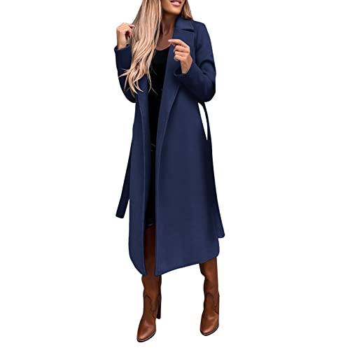 Trenchcoat Damen Wolle Mantel Elegante Lange Jacke mit Gürtel Warm Winter Oberbekleidung Jacke Dünne Wollmantel Outwear (06 Dunkelblau, S) von Generic