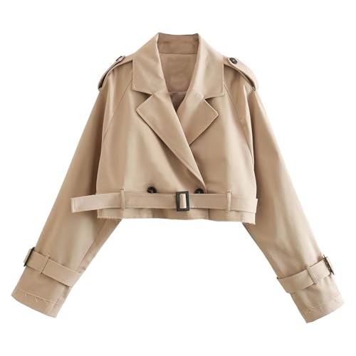 Trenchjacke Damen Kurze Trenchcoat Übergangsjacke Kurzjacke mit Gürtel Revers Zweireiher Cropped Windjacke Mantel Herbst Frühling Übergang Jacke Casual Langarm Trench Coat Outwear Jacken (Beige, XS) von Generic