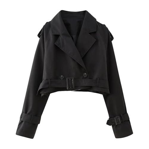 Trenchjacke Damen Kurze Trenchcoat Übergangsjacke Kurzjacke mit Gürtel Revers Zweireiher Cropped Windjacke Mantel Herbst Frühling Übergang Jacke Casual Langarm Trench Coat Outwear Jacken (Schwarz, S) von Generic