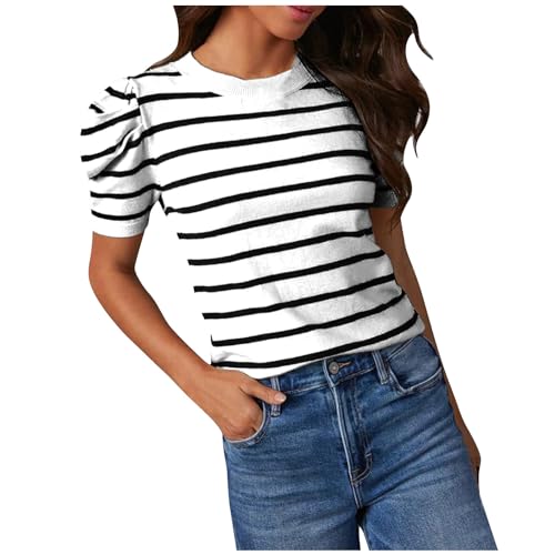 Trendige Oberteile Damen Gestreifte Tshirt Puffärmel Bluse Slim Fit Sommer Tops Kurzarm Rundhals Pullover Alltäglich Shirt Bequem T-Shirt Blusen Damenblusen Tunika Longshirt von Generic