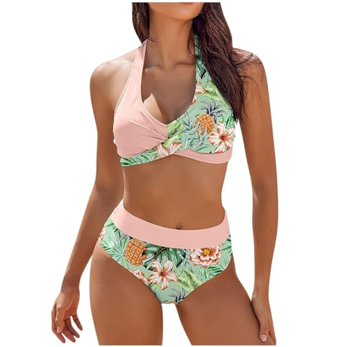 Triangel Bikini Damen, Damen Bikini Set Neckholder High Waist Bauchweg Bademode Elegant Blumendruck Zweiteiliger Badeanzug Swimsuit C Pink L von Generic