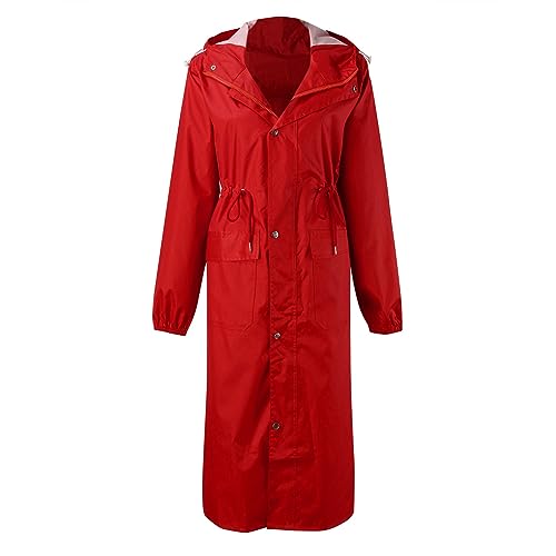 Trockenjacke Langer Regenmantel für Damen, leichter Regenmantel mit Kapuze, elastischer Kapuze und Kordelzug in der Taille (mit Taschen und Kapuze) 20000 Mm Wassersäule Regenjacke MäDchen (Red, L) von Generic