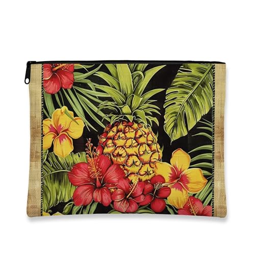 Tropische Make-up-Tasche, Ananas-Blumenmuster, Vintage-Kosmetiktasche für Damen, tragbare kleine Canvas-Reißverschlusstasche, Sommergeschenk, Hautpflege, Kulturbeutel, Schwarz, 7x9 Inch, Ananas von Generic