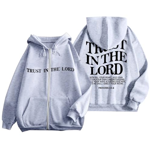 Trust IN The Lord Hoodie Damen Kapuzenpullover Mit Reißverschluss Oversize Sweatshirt Jacke Mit Kapuze Briefe Graphics Sweatjacke Christian Jesus Druckc Kapuzenjacke Mantel Y2K Zip Hoody Pullover von Generic
