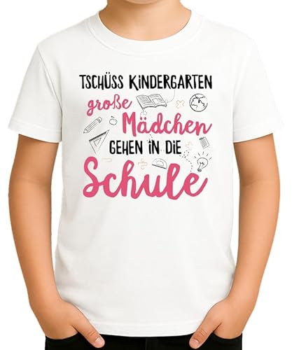 Tschüss Kindergarten Große Mädchen Motiv Einschulung mit Schulmaterialien Spruch Gehen in die Schule Geschenkidee für Schulstart 1. Klasse stolz und bunt für Erstklässlerinnen Kinder T-Shirt von Generic