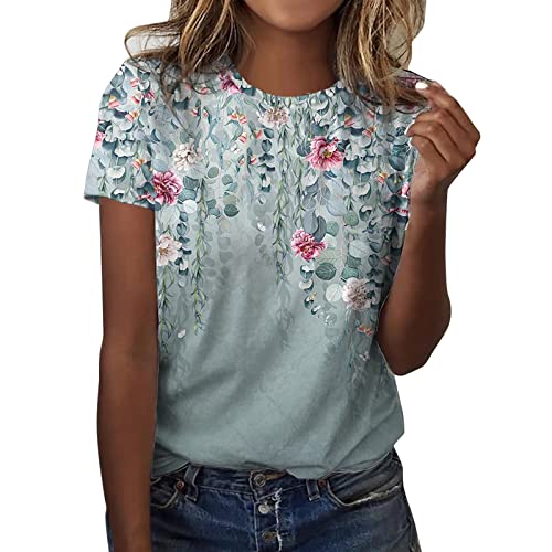 Tshirt Damen Lässige Blumen Druck Oberteile Sommer Elegant T Shirts Pullover T-Shirt Aufdruck Basic Shirt Rundhals Kurzarm Sommershirts Tops Locker All-Match Tunika Bluse Laufshirt Sportshirt von Generic