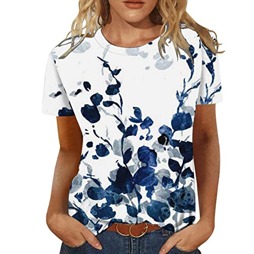 Tshirt Damen Lässige Blumen Druck Oberteile Sommer Elegant T Shirts Pullover T-Shirt Aufdruck Basic Shirt Rundhals Kurzarm Sommershirts Tops Locker All-Match Tunika Bluse Laufshirt Sportshirt von Generic