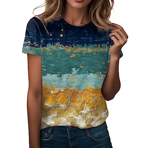 Tshirt Damen Lässige Blumen Druck Oberteile Sommer Elegant T Shirts Pullover T-Shirt Aufdruck Basic Shirt Rundhals Kurzarm Sommershirts Tops Locker All-Match Tunika Bluse Laufshirt Sportshirt von Generic