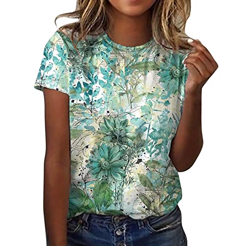 Tshirt Damen Lässige Blumen Druck Oberteile Sommer Elegant T Shirts Pullover T-Shirt Aufdruck Basic Shirt Rundhals Kurzarm Sommershirts Tops Locker All-Match Tunika Bluse Laufshirt Sportshirt von Generic