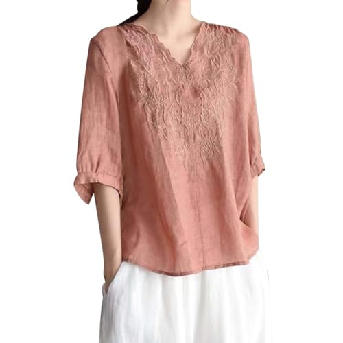 Tshirt Damen Leinen Bluse Basic V-Ausschnitt Kurzarm T-Shirt Lässiges Musselin Oberteile Button Down Bequemes Blusen Modisch Leicht Hemdbluse Tunika Top Leinenhemd von Generic