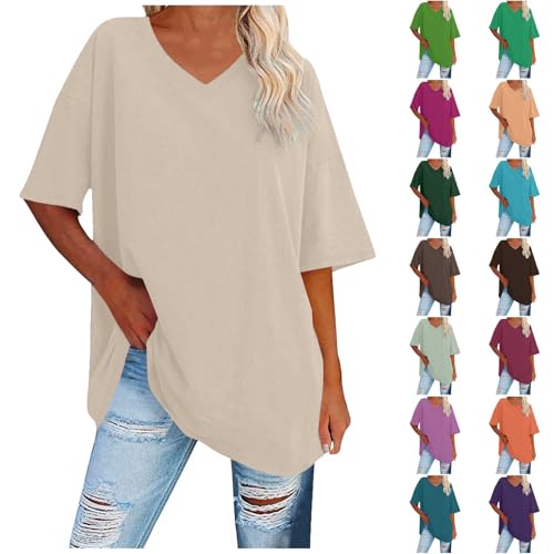Tshirt Damen Oversize, Sommer Tops Teenager Mädchen Basic Longtops V-Ausschnitt Kurzarm Tunika Tops Casual Blusentop Weibe Bluse Classic Einfarbige Hemdbluse Sport Top Sommer Tanktop Baggy Pullover von Generic
