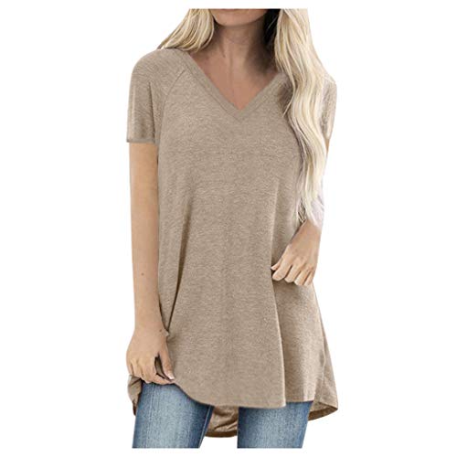 Tshirt Damen Oversize Kurzarm Locker Sommer Longshirt Oberteile Sommer Tunika Casual Shirt Lässig Basic Bluse Einfarbig Sweatshirt Sommershirts Damen Tunika Kurzarm Basic Shirt Frauen (Khaki, XXXXXL) von Generic