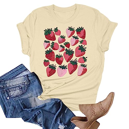 Tshirt Damen Sommer Elegant Ärmellos T Shirt Damen Erdbeere Drucken Kurzarm Oberteile Rundhals Basic Tops Bluse Tops V-Ausschnitt Blütenblatt Ärmel T-Shirt Sommer Kausal Tunika von Generic