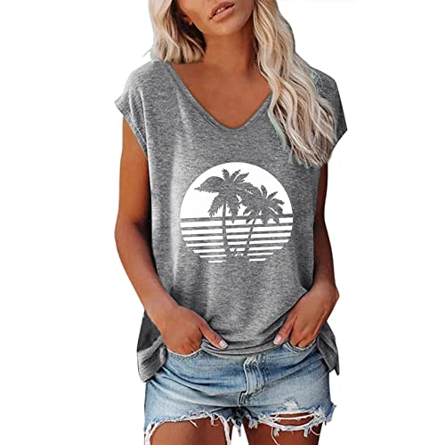 Tshirt Damen Sommer - Oberteile Top Damen Sommer Elegant V Ausschnitt Kurzarm T Shirt mit Flügelärmeln Hawaii Palme Drucken Sommertops Luftig T-Shirts für Damen Locker Tops Teenager Mädchen von Generic