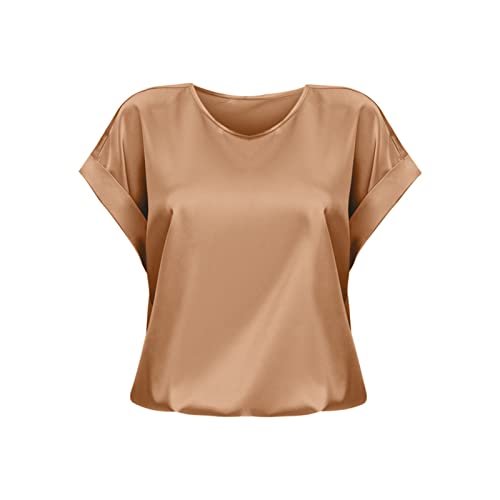 Tshirt Damen Sommer Satin Bluse Elegant V-Ausschnitt Seidenbluse Kurzarm Einfarbig Satinbluse Business Satin Hemd Casual Blusen Shirt Basic Solide Oberteile Modisch Lässiges Bequem (Khaki, S) von Generic