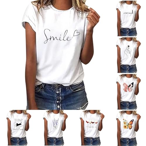 Tshirt Damen Sommer T-Shirt Damen Basic T Shirt Bedrucken Rundhalsausschnitt Weiß Oberteile Baumwolle Casual Damen Locker Kurzarm Bluse Tunika Shirt Tops Sportshirt von Generic