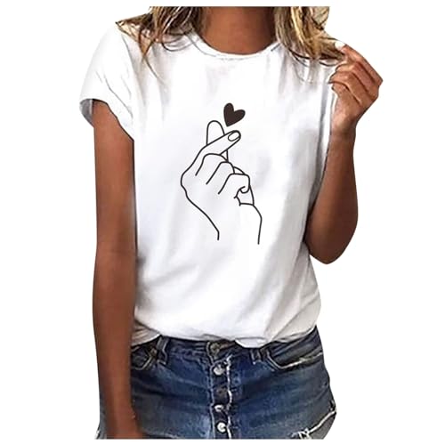 Tshirt Damen Weiss Sommer T-Shirt Damen Basic T Shirt Bedrucken Rundhalsausschnitt Weiß Oberteile Baumwolle Casual Damen Locker Kurzarm Bluse Tops Sportshirt von Generic