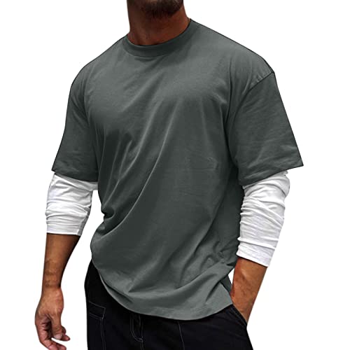 Tshirt Herren Langarmshirt Herren FäLschung Zwei Sweatshirt Longsleeve Sport Hemd Rundhalsausschnitt T Shiet Oversized T-Shirt Herren Freizeithemd Modisch Hemd Streetwear Ohne Kapuze grau 3XL von Generic