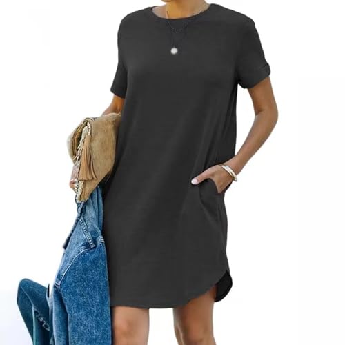Tshirt Kleider Damen Knielang Sommerkleid Damen Kurz Sweatkleid Rundhalsausschnitt Kurzarm Shirtkleid Baumwolle Einfarbig Bequeme Strandkleid Komfortabel Wickelkleid Casual Midi Freizeitkleider von Generic