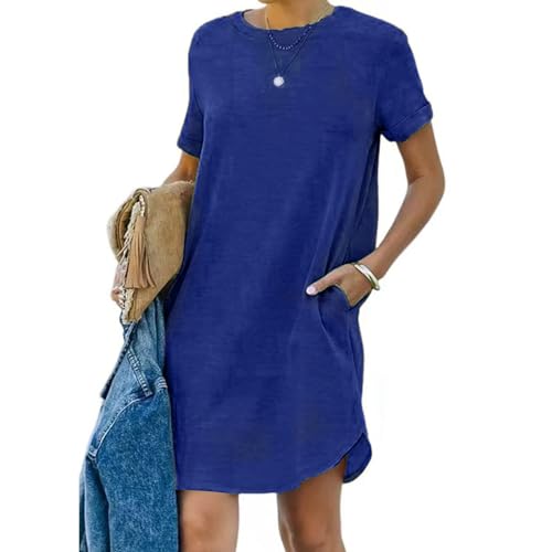 Tshirt Kleider Damen Knielang Sommerkleid Damen Kurz Sweatkleid Rundhalsausschnitt Kurzarm Shirtkleid Baumwolle Einfarbig Bequeme Strandkleid Komfortabel Wickelkleid Casual Midi Freizeitkleider von Generic
