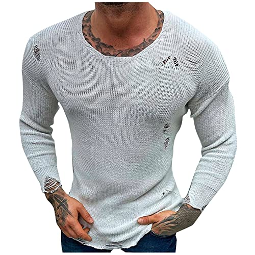 Tshirts Herren V-Ausschnitt Langarm Zerrissener Gestrickte Pullover Frühling Sommer Casual Loose Einfarbig Dünner Boden Shirts Outdoor Atmungsaktiv Leichtes Sport-Tops Laufshirt Strand Oberteile von Generic