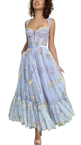 TüLl-Abschlussballkleid FüR Teenager Schulterfrei Blumenstickerei Heimkehrkleider A-Linie Korsett TeeläNge Formelle Partykleider Blue S von Generic