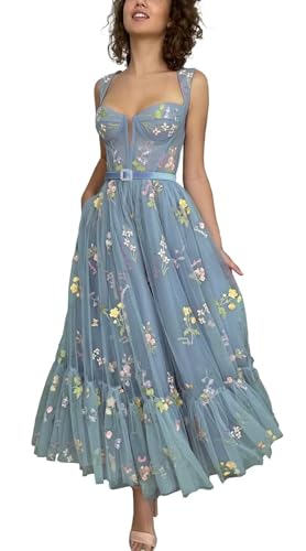 TüLl-Abschlussballkleid FüR Teenager Schulterfrei Blumenstickerei Heimkehrkleider A-Linie Korsett TeeläNge Formelle Partykleider Dusty Blue L von Generic