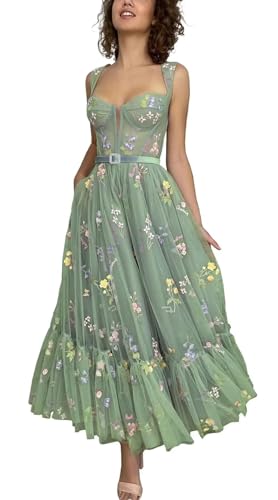TüLl-Abschlussballkleid FüR Teenager Schulterfrei Blumenstickerei Heimkehrkleider A-Linie Korsett TeeläNge Formelle Partykleider Green L von Generic