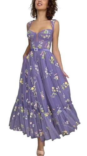 TüLl-Abschlussballkleid FüR Teenager Schulterfrei Blumenstickerei Heimkehrkleider A-Linie Korsett TeeläNge Formelle Partykleider Lavender M von Generic