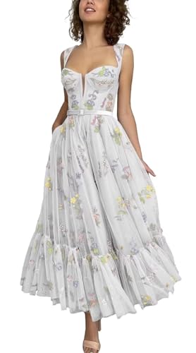 TüLl-Abschlussballkleid FüR Teenager Schulterfrei Blumenstickerei Heimkehrkleider A-Linie Korsett TeeläNge Formelle Partykleider White L von Generic