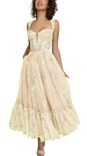 TüLl-Abschlussballkleid FüR Teenager Schulterfrei Blumenstickerei Heimkehrkleider A-Linie Korsett TeeläNge Formelle Partykleider apricot L von Generic