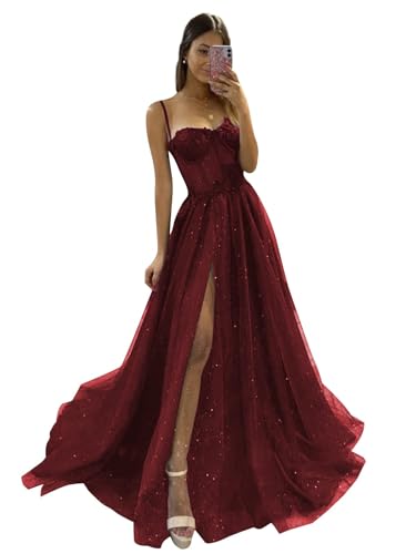 Tüll-Abschlussballkleider Lange Glitzer-Spaghetti-Träger Partykleid Sweetheart A-Linie Formale Abendballkleider mit Schlitz Burgundy XXS von Generic