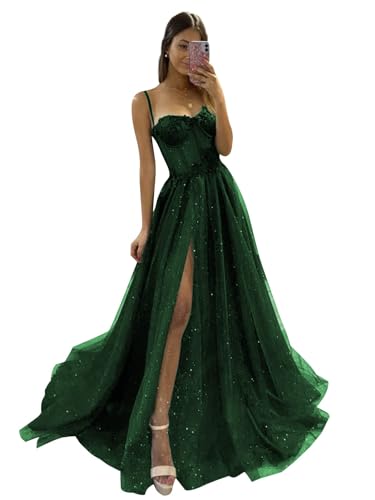 Tüll-Abschlussballkleider Lange Glitzer-Spaghetti-Träger Partykleid Sweetheart A-Linie Formale Abendballkleider mit Schlitz Emerald Green XS von Generic