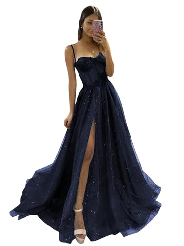 Tüll-Abschlussballkleider Lange Glitzer-Spaghetti-Träger Partykleid Sweetheart A-Linie Formale Abendballkleider mit Schlitz Navy Blue XXS von Generic
