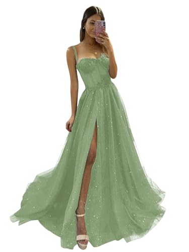 Tüll-Abschlussballkleider Lange Glitzer-Spaghetti-Träger Partykleid Sweetheart A-Linie Formale Abendballkleider mit Schlitz Sage Green S von Generic