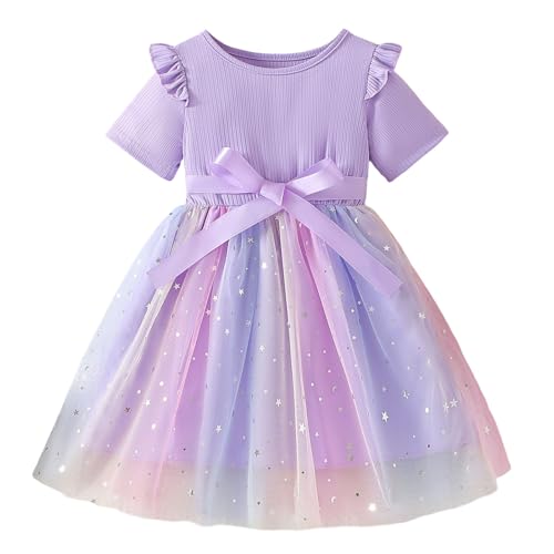 Tüllkleid Mädchen Kleider Sommer Kurzarm Mesh Tunika Kleider Prinzessin Kleid Bequeme lässige Sommerkleider Kleider A-Linie Midikleid Kinder Partykleid (Z4A-Light Purple, 7-8 Years) von Generic