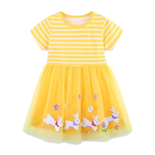 Tüllkleid Mädchen Ostern Kleid Sommer Kurzarm Mesh Tunika Kleider Cute Osterhase Druck Prinzessin Kleid Bequeme lässige Sommerkleider für 3-9 Jahre (Yellow, 6-7 Years) von Generic
