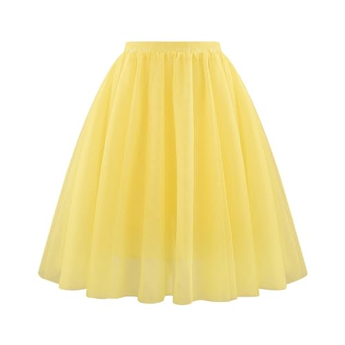 Tüllrock Damen 80er Puffy Tütü Röcke Karneval Rockabily Tütü Damen A-Linie Tüll Petticoat (Yellow, S) von Generic