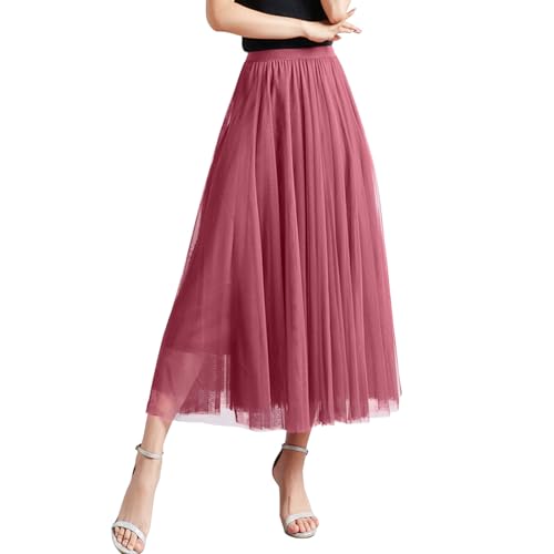Tüllrock Damen A Linie Elastischer Hoher Bund Mesh Saum Prinzessin Langer Rock Einfarbig Röcke Maxiröcke Elegant Swing Unterrock Freizeitrock Hohe Taille Skirt Maxirock Vintage Tütü Tüll Rock von Generic