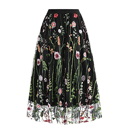 Tüllrock Damen Blumen Schmetterling Stickerei Rock Elegant Elastischer A-Linie Midiröcke Hohe Taille Lässiges Vintage Meshrock Großer Saum Minirock Rockabilly High Waist 3D Druck Midi Tüllrock von Generic