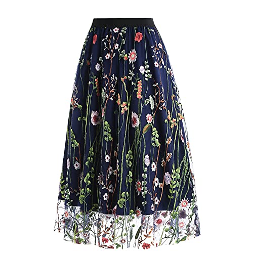 Tüllrock Damen Blumen Schmetterling Stickerei Rock Elegant Elastischer A-Linie Midiröcke Hohe Taille Lässiges Vintage Meshrock Großer Saum Minirock Rockabilly High Waist 3D Druck Midi Tüllrock von Generic