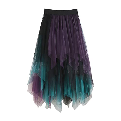 Tüllrock Damen Faltenrock Tüllrock Asymmetrisch Röcke Kurzer Skater Röcke Midirock Sommerrock Tutu Tüll Rock Karneval Lang Elegant Elastisch Hohe Taille Party Unterrock (Purple-d, One Size) von Generic