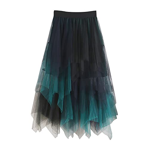 Tüllrock Damen Faltenrock Tüllrock Asymmetrisch Röcke Kurzer Skater Röcke Midirock Sommerrock Tutu Tüll Rock Karneval Lang Elegant Elastisch Hohe Taille Party Unterrock Ballettrock (Green-d, One Size) von Generic