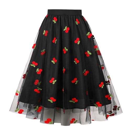 Tüllrock Damen Karneval Damen 80er Puffy Tüllrock Tütü Röcke Tüll Petticoat Mesh Bestickt Kirsche Hohe Taille A-Linien-Rock von Generic